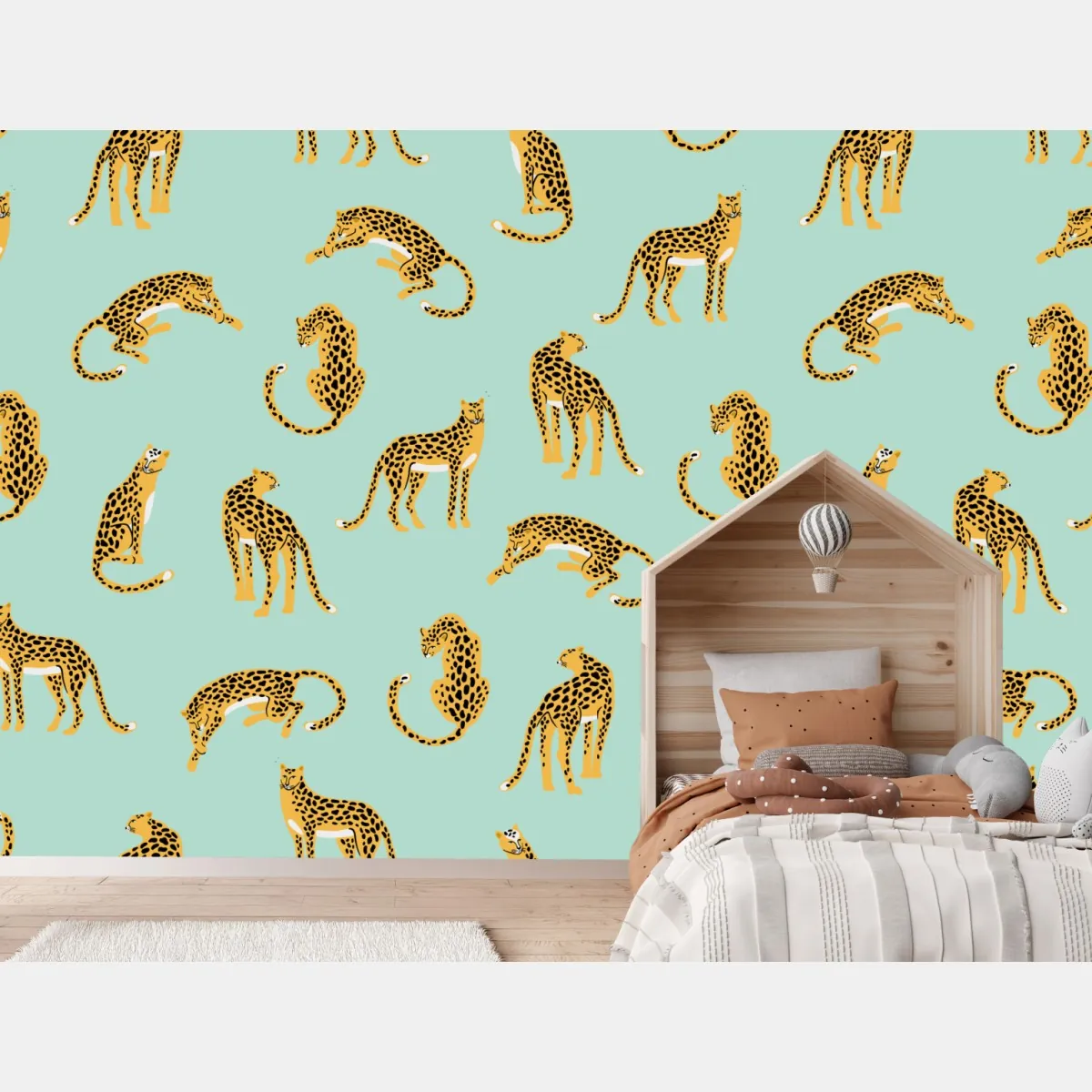 Fototapeta zabawny wzór gepardów na turkusowym tle – Wallissimo® Fototapeta zabawny wzór gepardów na turkusowym tle – Wallissimo®