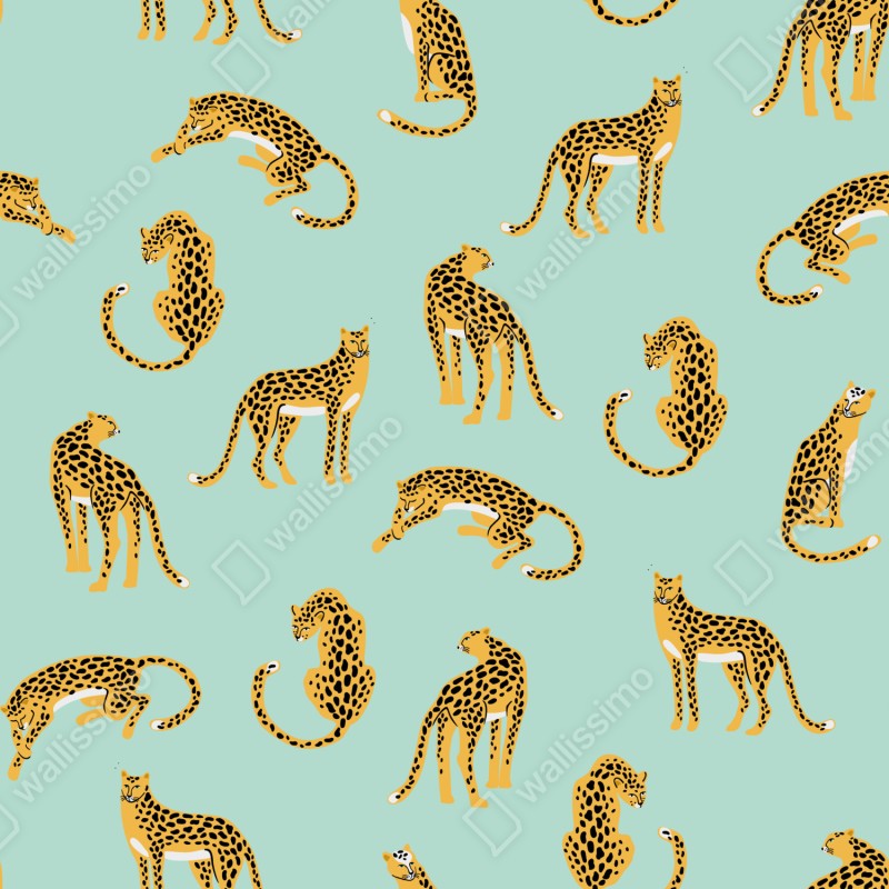 Fototapeta zabawny wzór gepardów na turkusowym tle – Wallissimo® Fototapeta zabawny wzór gepardów na turkusowym tle – Wallissimo®