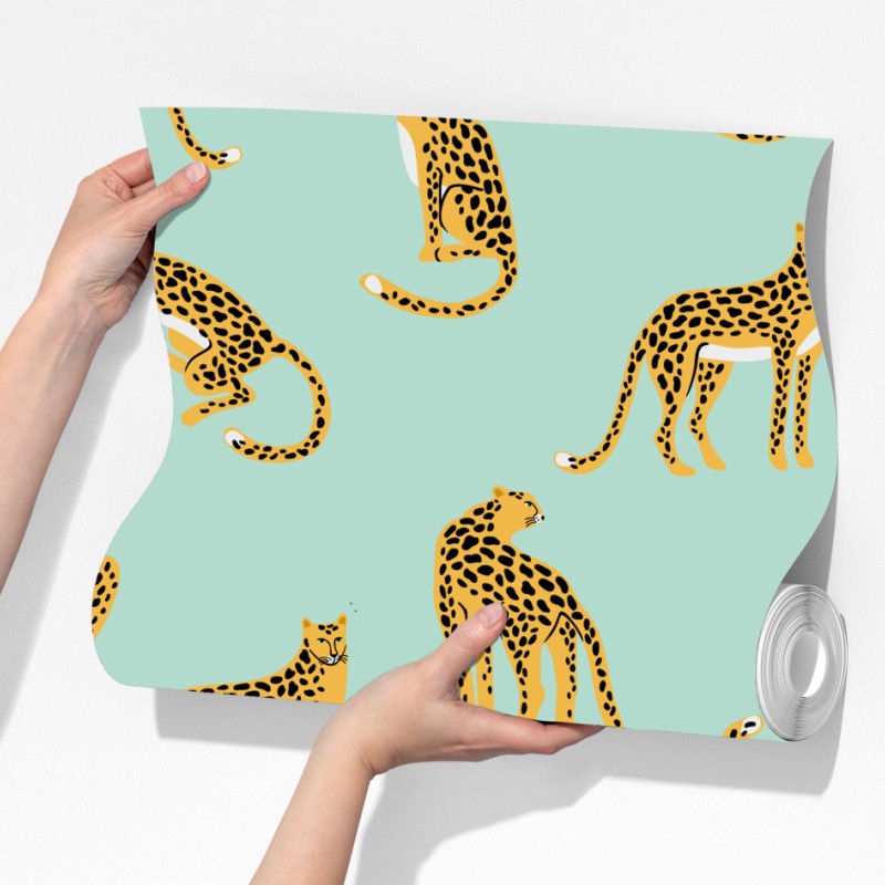Fototapeta zabawny wzór gepardów na turkusowym tle – Wallissimo® Fototapeta zabawny wzór gepardów na turkusowym tle – Wallissimo®