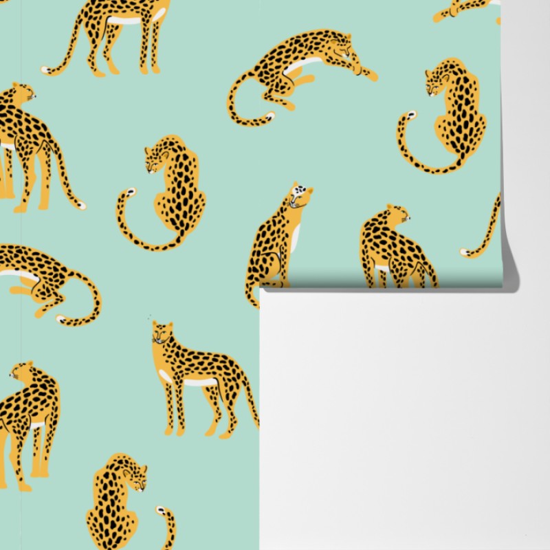 Fototapeta zabawny wzór gepardów na turkusowym tle – Wallissimo® Fototapeta zabawny wzór gepardów na turkusowym tle – Wallissimo®