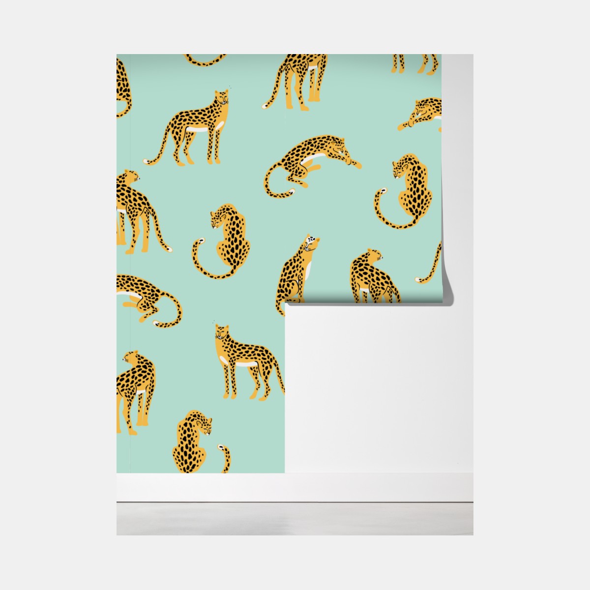 Fototapeta zabawny wzór gepardów na turkusowym tle – Wallissimo® Fototapeta zabawny wzór gepardów na turkusowym tle – Wallissimo®