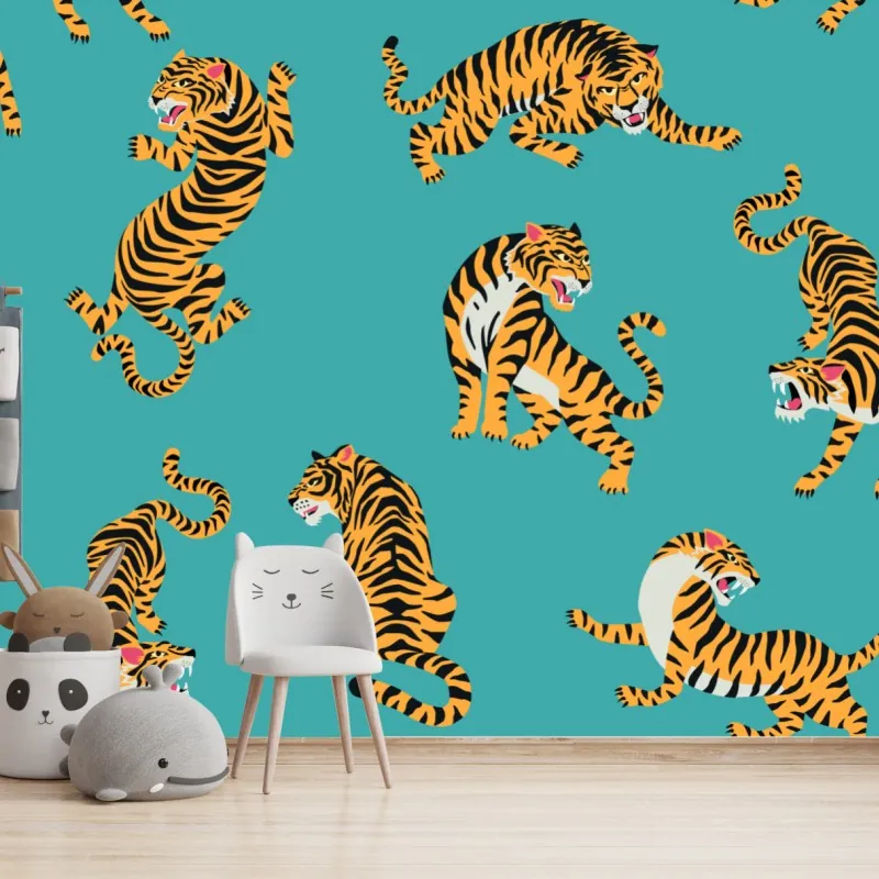 Wall mural stylized tiger pattern on turquoise background