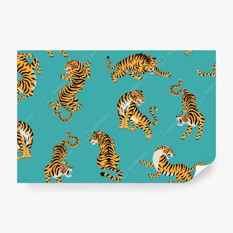 Wall mural stylized tiger pattern on turquoise background