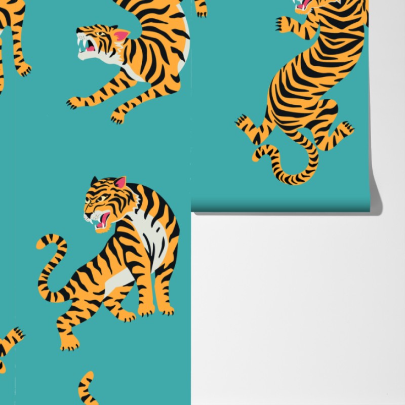 Fototapeta stylizowany motyw tygrysa na turkusowym tle – Wallissimo® Fototapeta stylizowany motyw tygrysa na turkusowym tle – Wallissimo®