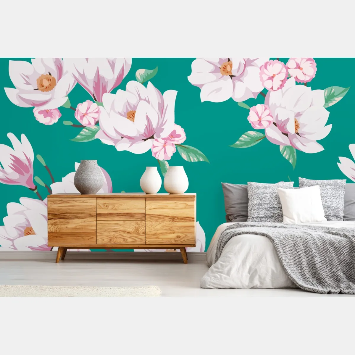Fototapeta pastelowy wzór magnolii na turkusowym tle – Wallissimo® Fototapeta pastelowy wzór magnolii na turkusowym tle – Wallissimo®