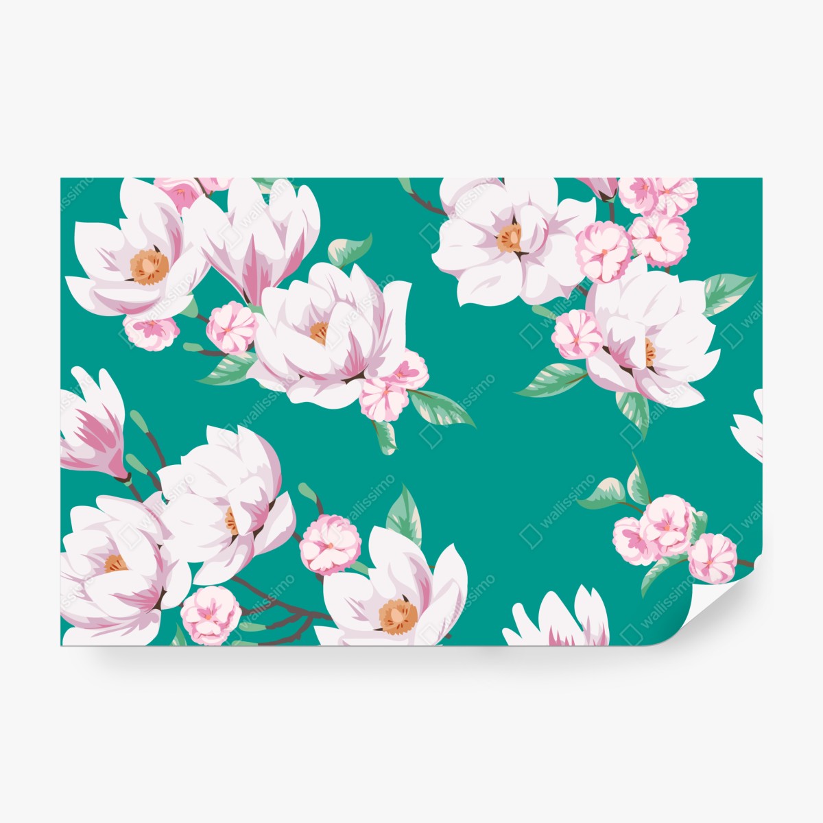 Fototapeta pastelowy wzór magnolii na turkusowym tle – Wallissimo® Fototapeta pastelowy wzór magnolii na turkusowym tle – Wallissimo®