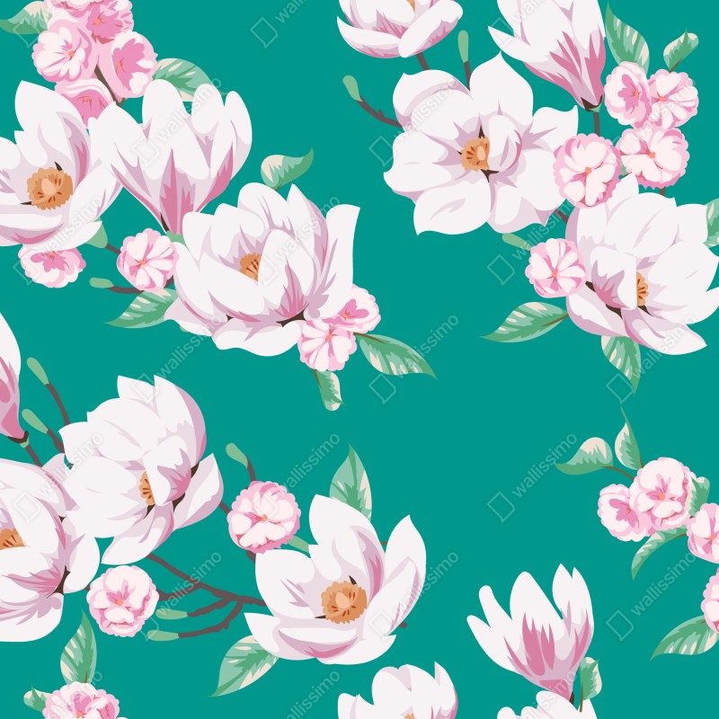 Fototapeta pastelowy wzór magnolii na turkusowym tle – Wallissimo® Fototapeta pastelowy wzór magnolii na turkusowym tle – Wallissimo®
