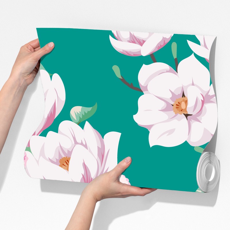 Fototapeta pastelowy wzór magnolii na turkusowym tle – Wallissimo® Fototapeta pastelowy wzór magnolii na turkusowym tle – Wallissimo®