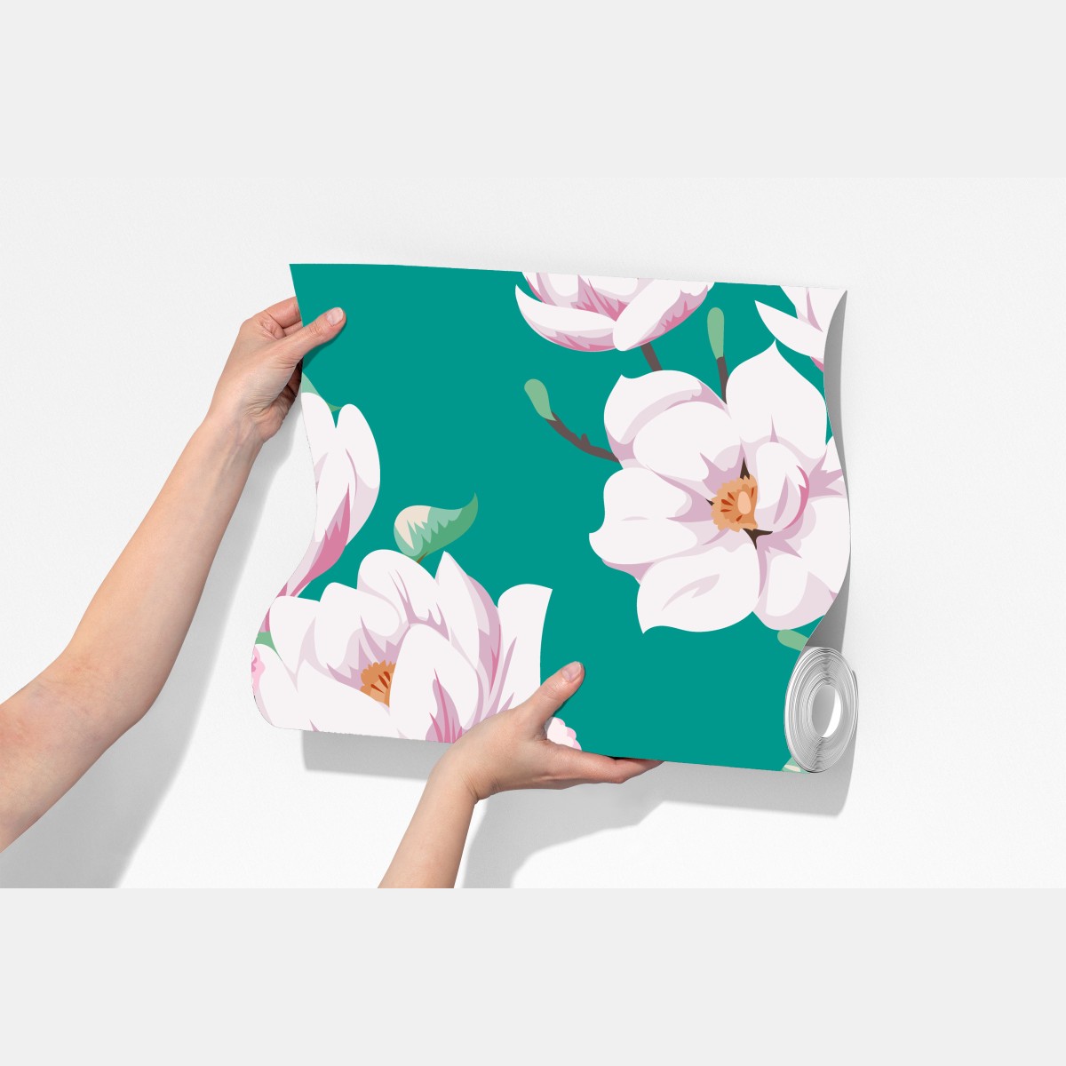 Fototapeta pastelowy wzór magnolii na turkusowym tle – Wallissimo® Fototapeta pastelowy wzór magnolii na turkusowym tle – Wallissimo®