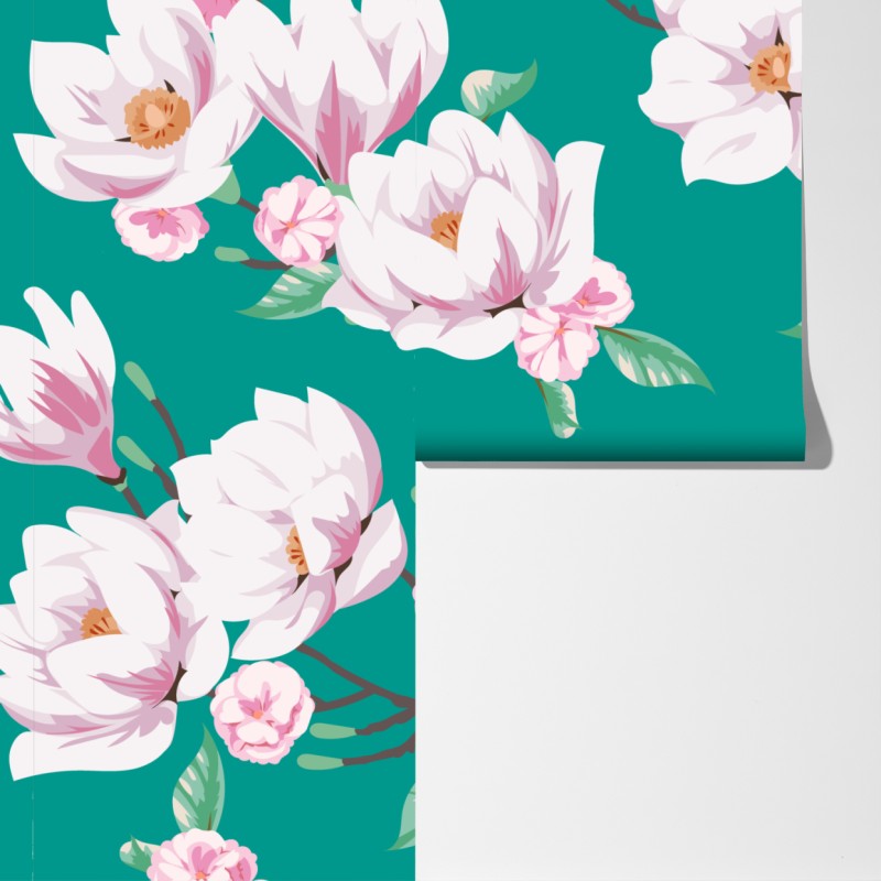 Fototapeta pastelowy wzór magnolii na turkusowym tle – Wallissimo® Fototapeta pastelowy wzór magnolii na turkusowym tle – Wallissimo®