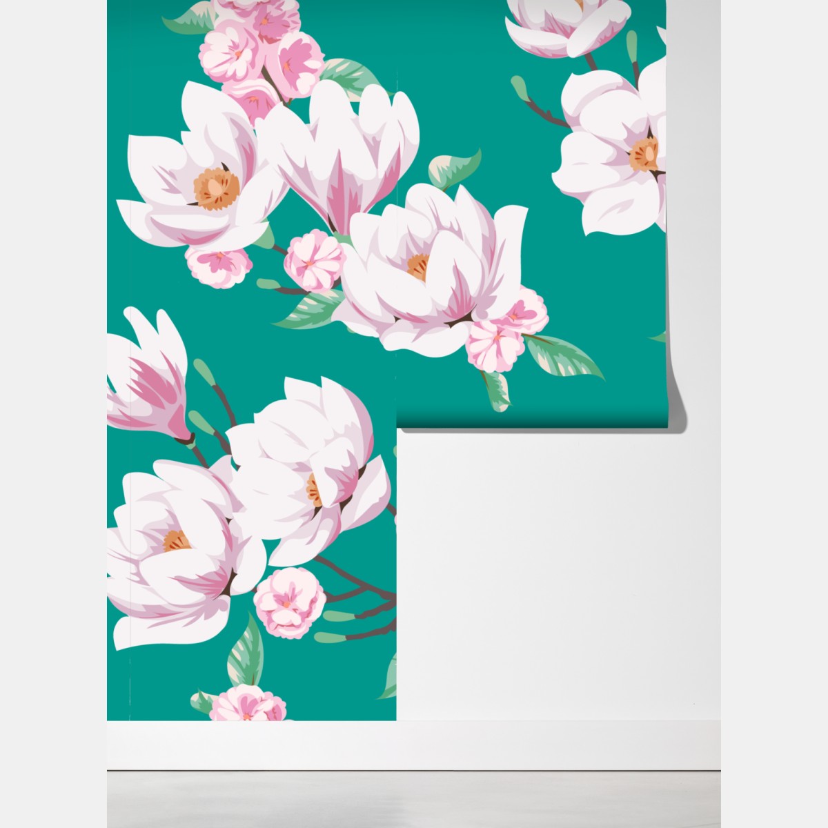 Fototapeta pastelowy wzór magnolii na turkusowym tle – Wallissimo® Fototapeta pastelowy wzór magnolii na turkusowym tle – Wallissimo®