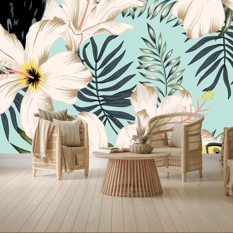 Fototapeta tropikalny wzór z tukanem i kwiatami – Wallissimo® Fototapeta tropikalny wzór z tukanem i kwiatami – Wallissimo®