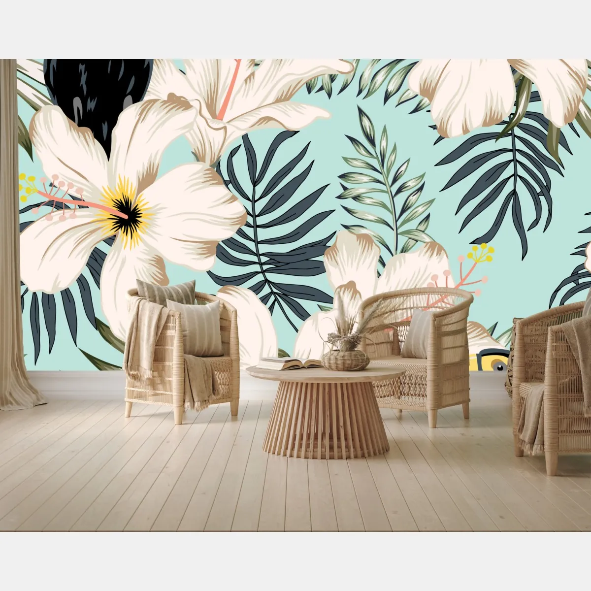 Fototapeta tropikalny wzór z tukanem i kwiatami – Wallissimo® Fototapeta tropikalny wzór z tukanem i kwiatami – Wallissimo®