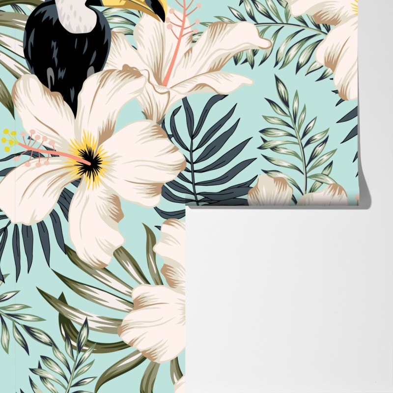 Fototapeta tropikalny wzór z tukanem i kwiatami – Wallissimo® Fototapeta tropikalny wzór z tukanem i kwiatami – Wallissimo®