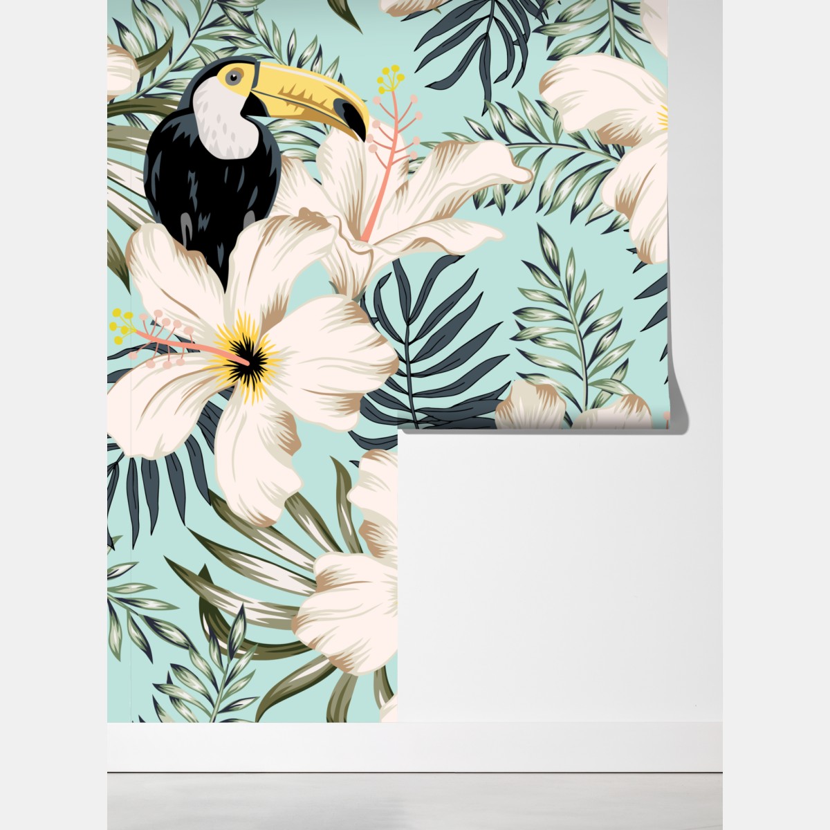 Fototapeta tropikalny wzór z tukanem i kwiatami – Wallissimo® Fototapeta tropikalny wzór z tukanem i kwiatami – Wallissimo®