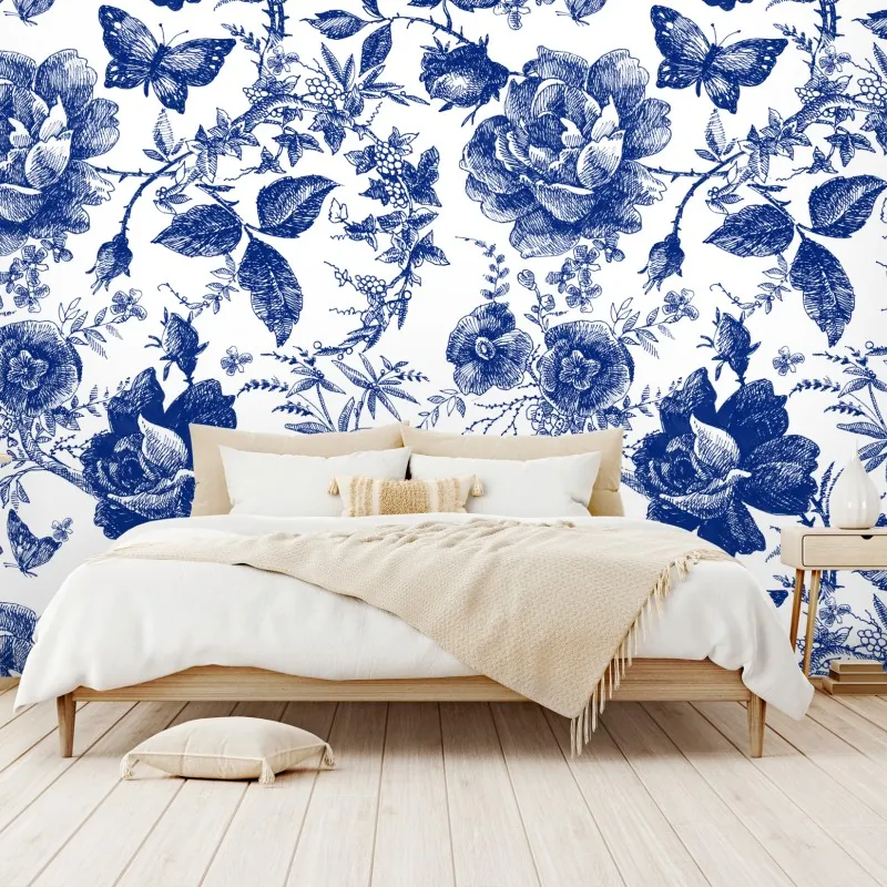 Wall mural blue floral toile pattern