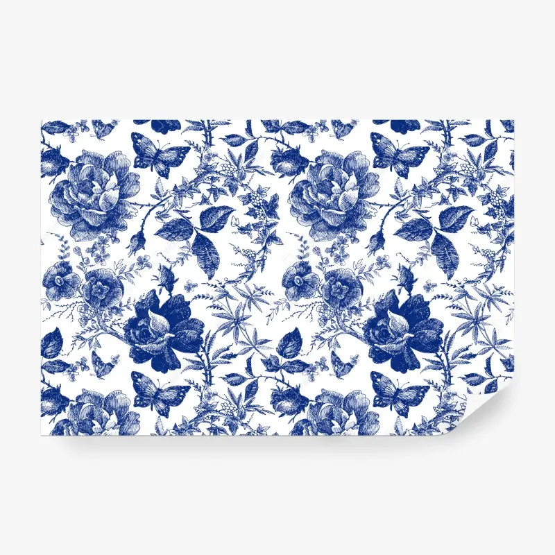 Wall mural blue floral toile pattern