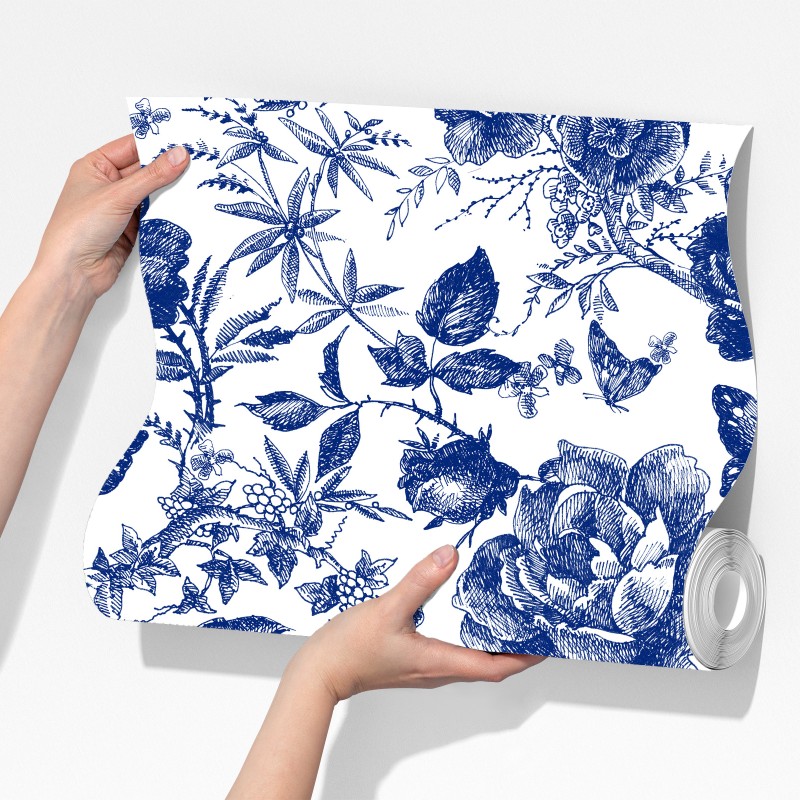 Fototapeta niebieski kwiatowy wzór toile – Wallissimo® Fototapeta niebieski kwiatowy wzór toile – Wallissimo®