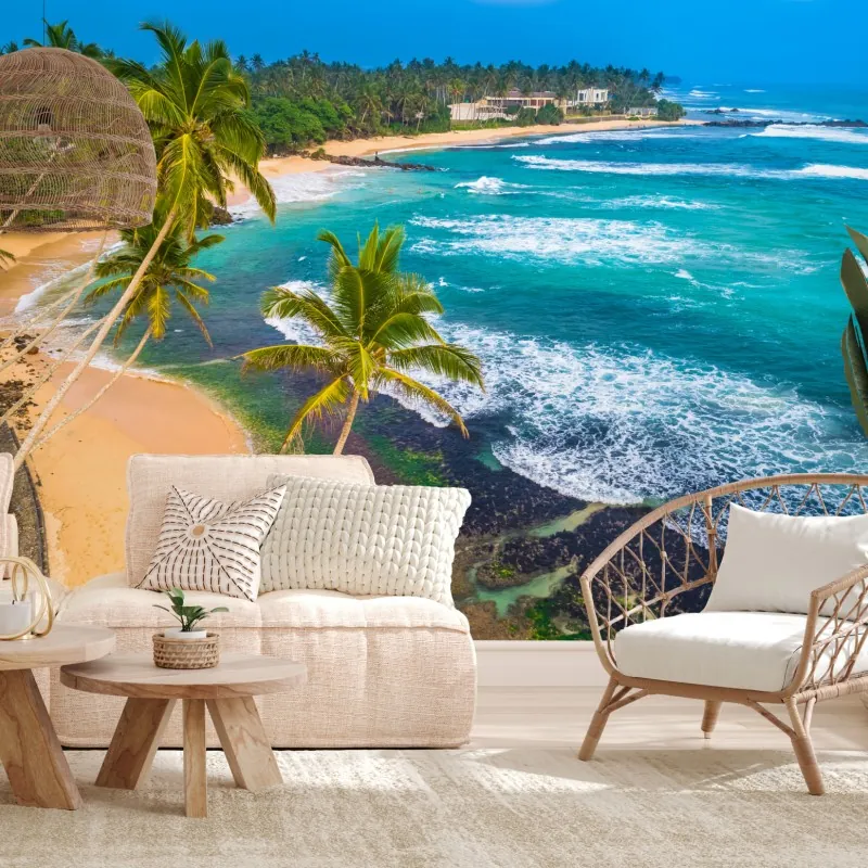 Wall mural turquoise tropical coastline with palm trees