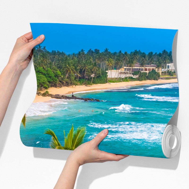 Fototapeta turkusowe tropikalne wybrzeże z palmami – Wallissimo® Fototapeta turkusowe tropikalne wybrzeże z palmami – Wallissimo®