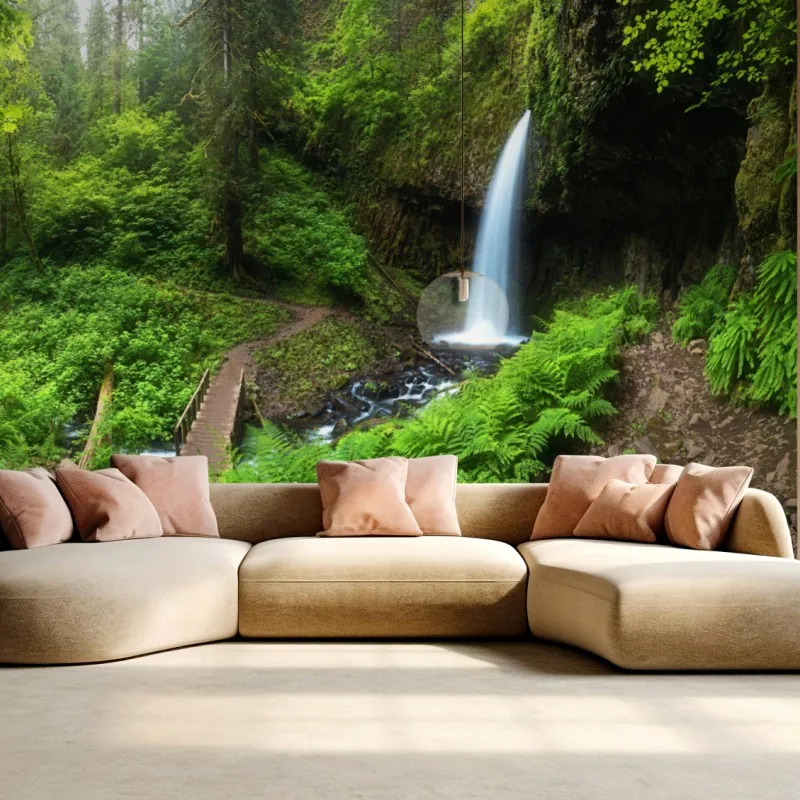 Wall mural lush forest waterfall panorama
