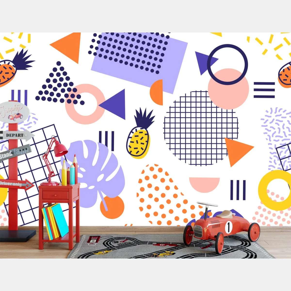 Fototapeta zabawny tropikalny wzór geometryczny – Wallissimo® Fototapeta zabawny tropikalny wzór geometryczny – Wallissimo®