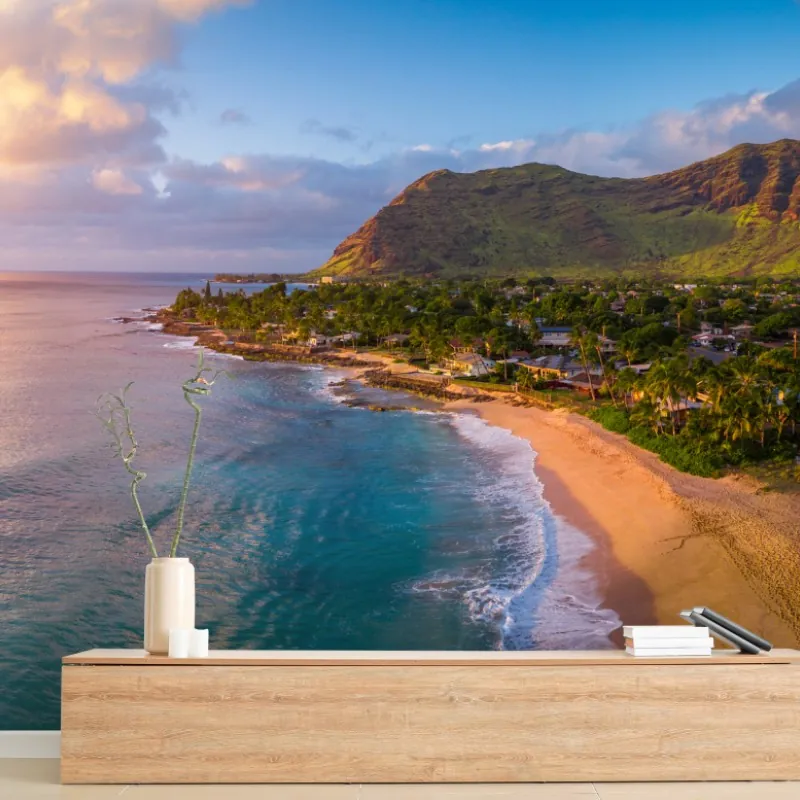 Wall mural sunset beach panorama with tropical mountains