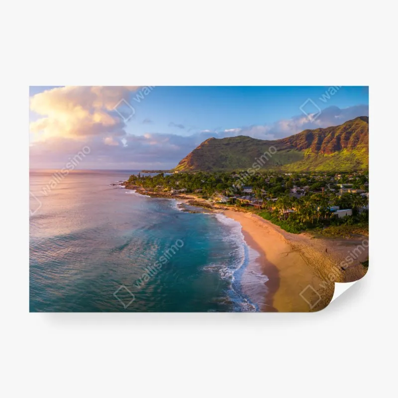 Wall mural sunset beach panorama with tropical mountains