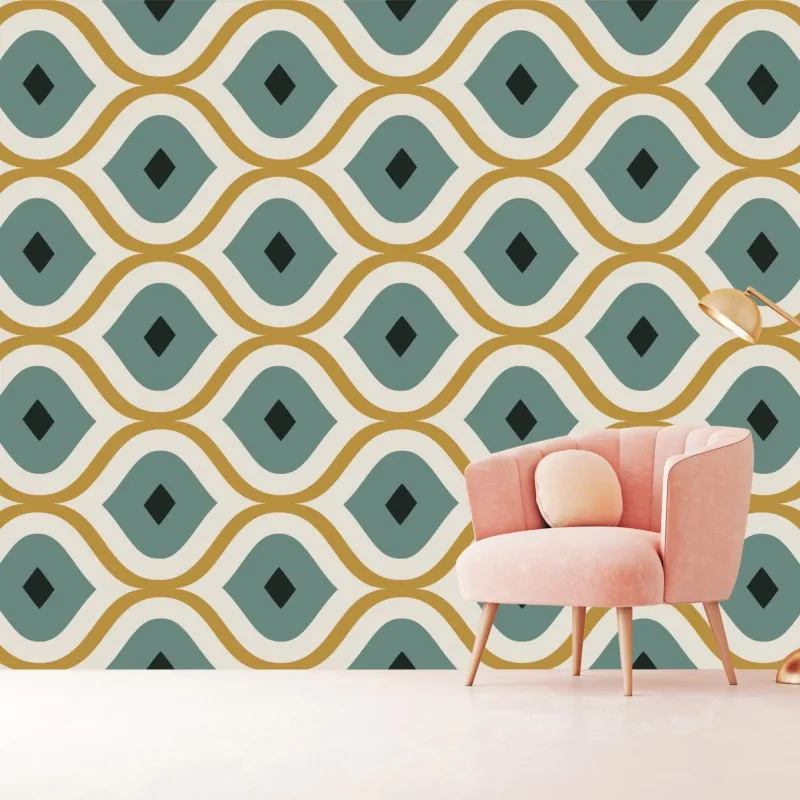Wall mural teal and gold geometric ornament pattern
