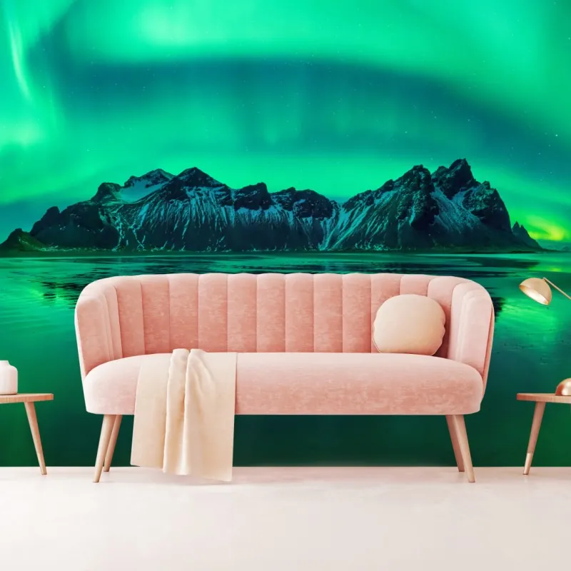 Fototapeta zorza nad Vestrahornem, Stokksnes – Wallissimo® Fototapeta zorza nad Vestrahornem, Stokksnes – Wallissimo®