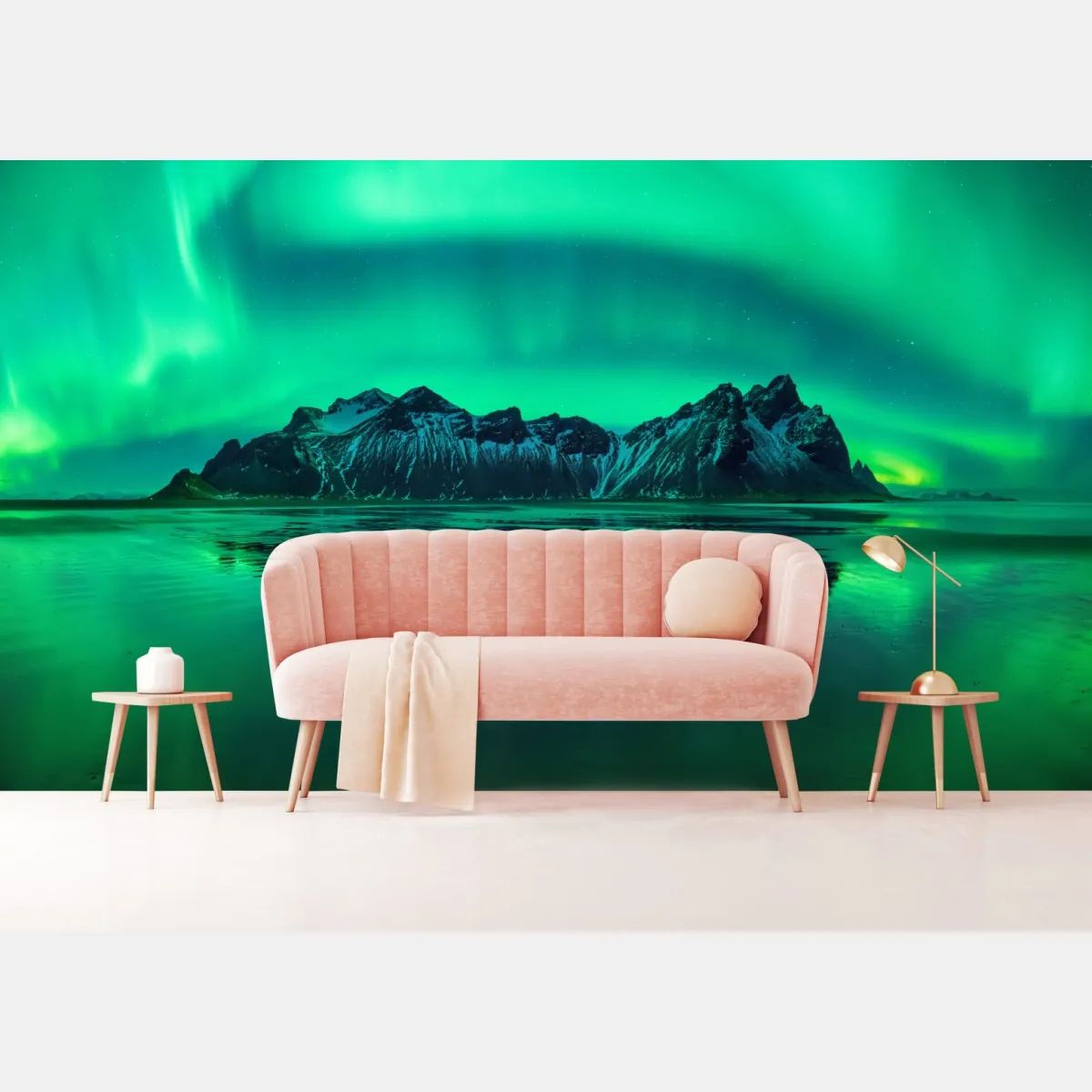 Fototapeta zorza nad Vestrahornem, Stokksnes – Wallissimo® Fototapeta zorza nad Vestrahornem, Stokksnes – Wallissimo®