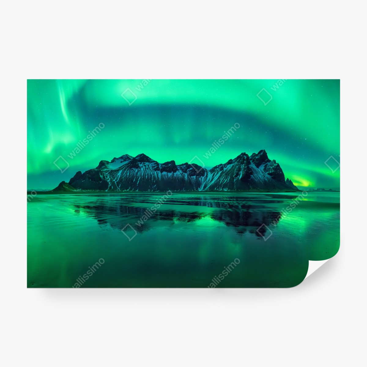 Fototapeta zorza nad Vestrahornem, Stokksnes – Wallissimo® Fototapeta zorza nad Vestrahornem, Stokksnes – Wallissimo®