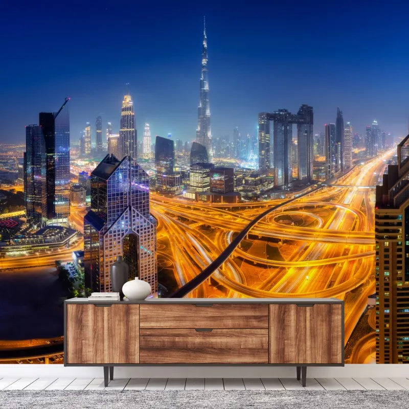 Fototapeta panorama nocnego Dubaju – Wallissimo® Fototapeta panorama nocnego Dubaju – Wallissimo®