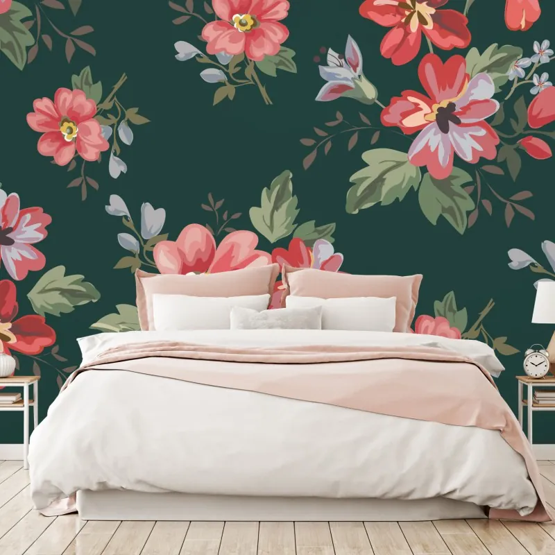 Wall mural vintage pink floral pattern on deep green