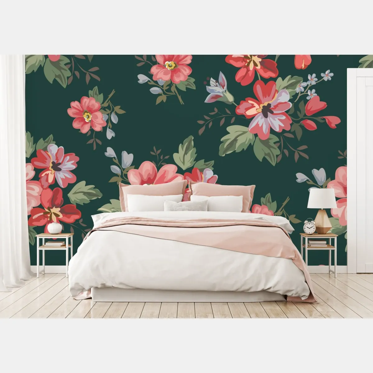 Fototapeta vintage różowy wzór kwiatowy na głębokiej zieleni – Wallissimo® Fototapeta vintage różowy wzór kwiatowy na głębokiej zieleni – Wallissimo®