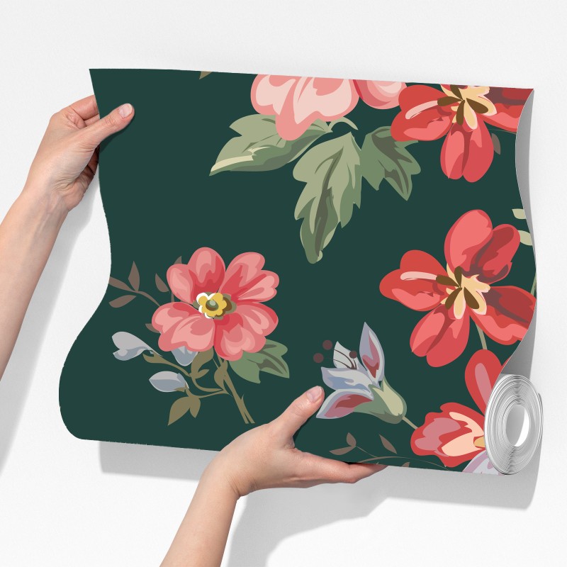 Fototapeta vintage różowy wzór kwiatowy na głębokiej zieleni – Wallissimo® Fototapeta vintage różowy wzór kwiatowy na głębokiej zieleni – Wallissimo®