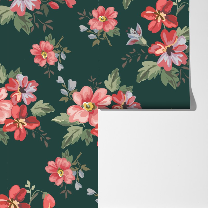 Fototapeta vintage różowy wzór kwiatowy na głębokiej zieleni – Wallissimo® Fototapeta vintage różowy wzór kwiatowy na głębokiej zieleni – Wallissimo®