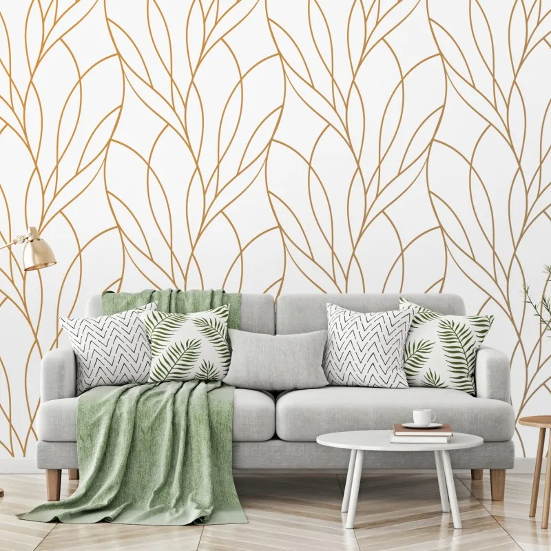 Wall mural golden leaf pattern on white background