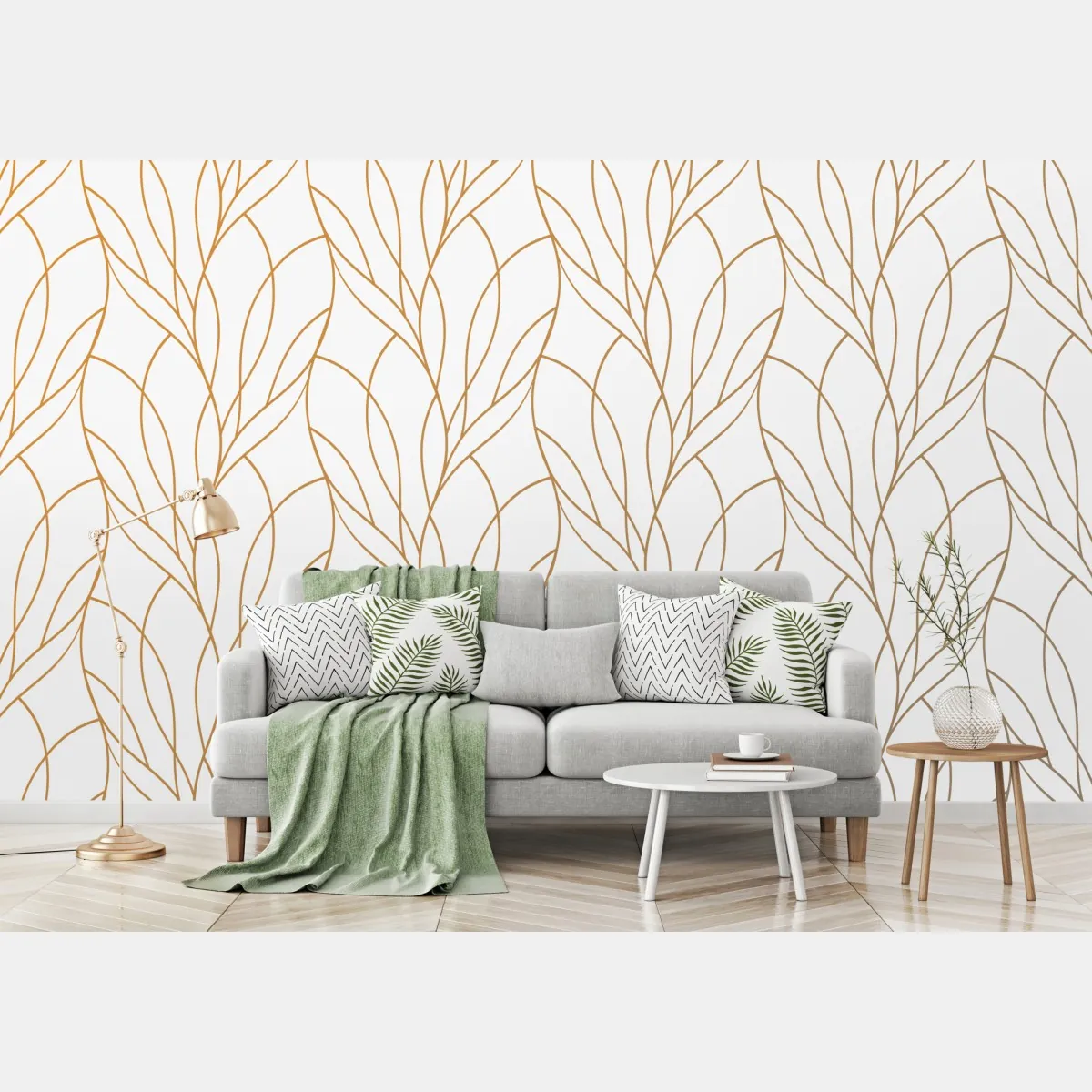 Fototapeta złoty wzór liści na białym tle – Wallissimo® Fototapeta złoty wzór liści na białym tle – Wallissimo®