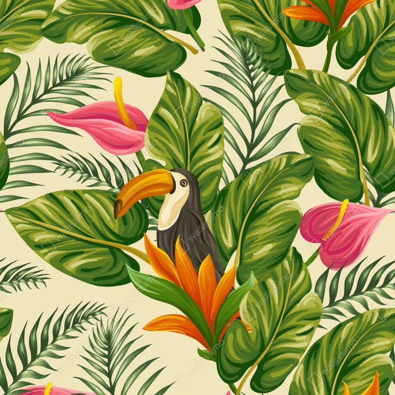 Fototapeta tropikalny wzór botaniczny z tukanem – Wallissimo® Fototapeta tropikalny wzór botaniczny z tukanem – Wallissimo®
