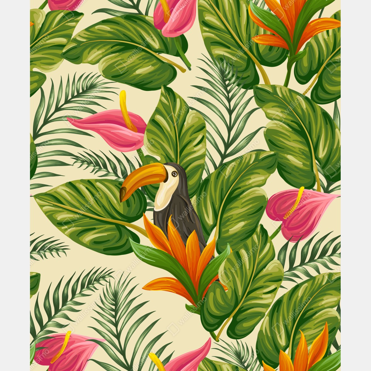 Fototapeta tropikalny wzór botaniczny z tukanem – Wallissimo® Fototapeta tropikalny wzór botaniczny z tukanem – Wallissimo®