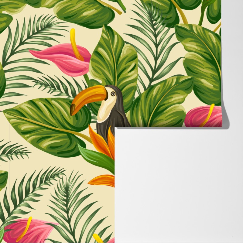 Fototapeta tropikalny wzór botaniczny z tukanem – Wallissimo® Fototapeta tropikalny wzór botaniczny z tukanem – Wallissimo®