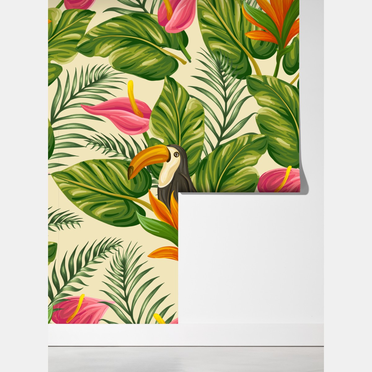 Fototapeta tropikalny wzór botaniczny z tukanem – Wallissimo® Fototapeta tropikalny wzór botaniczny z tukanem – Wallissimo®