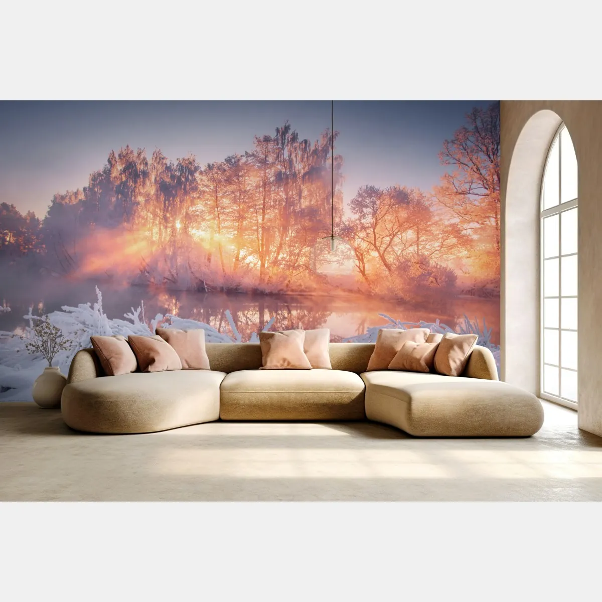 Fototapeta zimowy wschód słońca nad zamarzniętą rzeką – Wallissimo® Fototapeta zimowy wschód słońca nad zamarzniętą rzeką – Wallissimo®