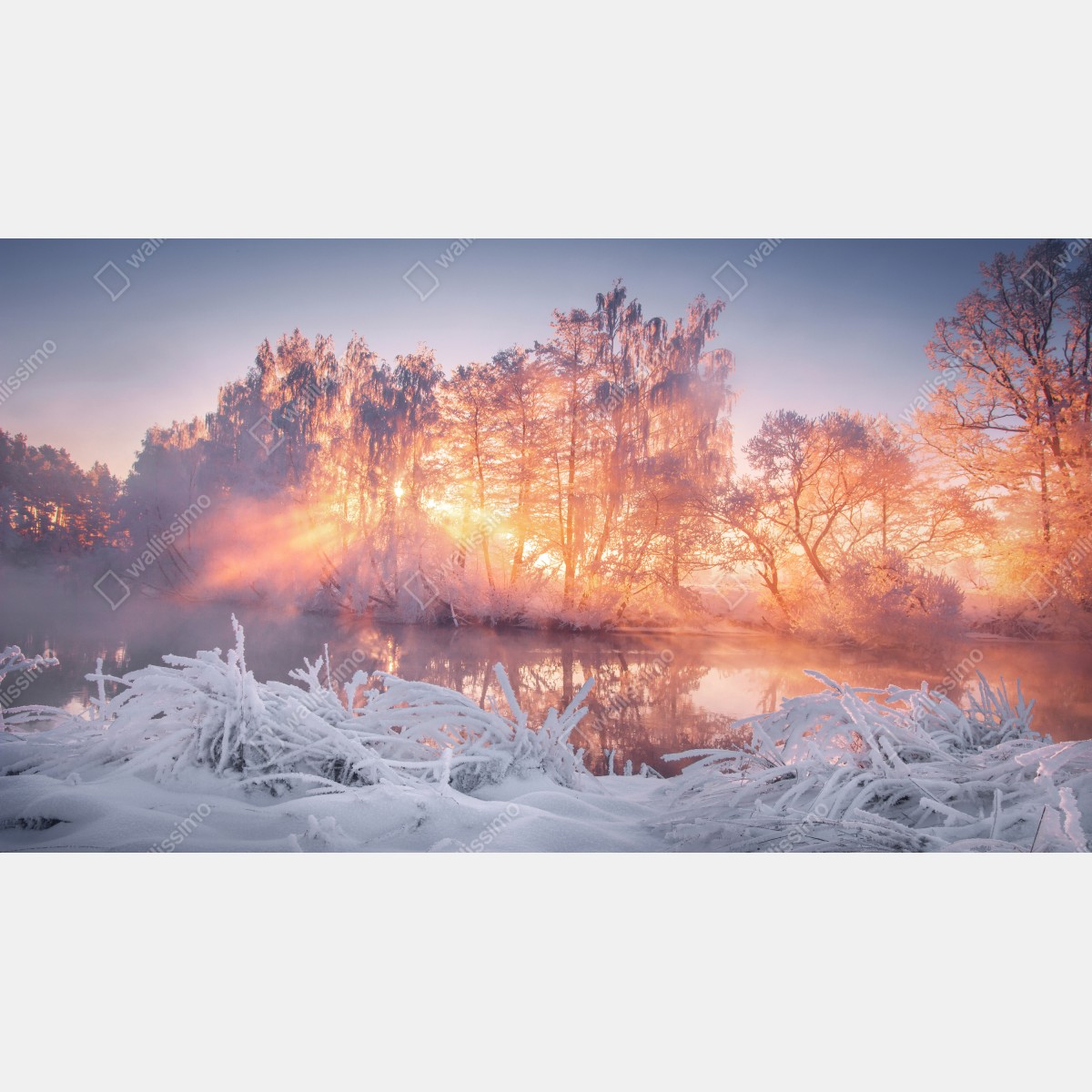 Fototapeta zimowy wschód słońca nad zamarzniętą rzeką – Wallissimo® Fototapeta zimowy wschód słońca nad zamarzniętą rzeką – Wallissimo®