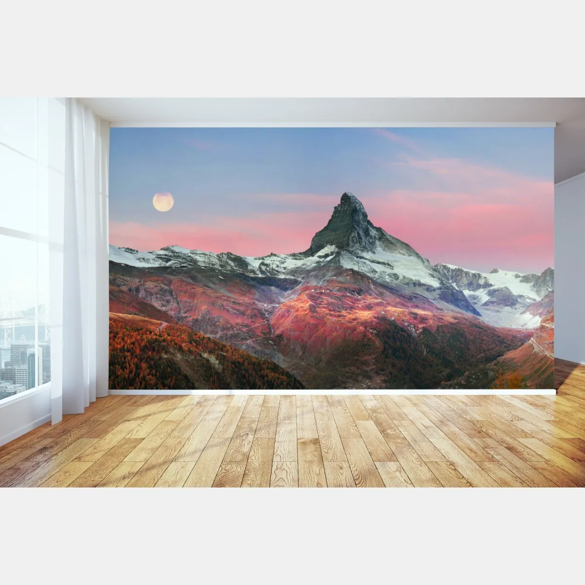 Fototapeta jesienna panorama Matterhornu przy zachodzie słońca – Wallissimo® Fototapeta jesienna panorama Matterhornu przy zachodzie słońca – Wallissimo®