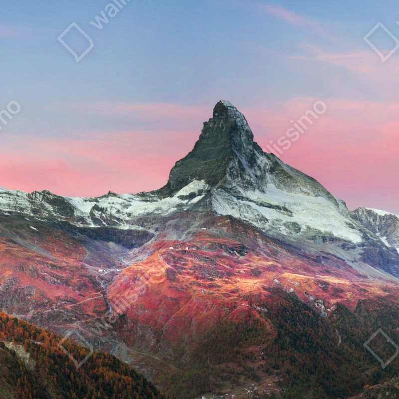 Fototapeta jesienna panorama Matterhornu przy zachodzie słońca – Wallissimo® Fototapeta jesienna panorama Matterhornu przy zachodzie słońca – Wallissimo®