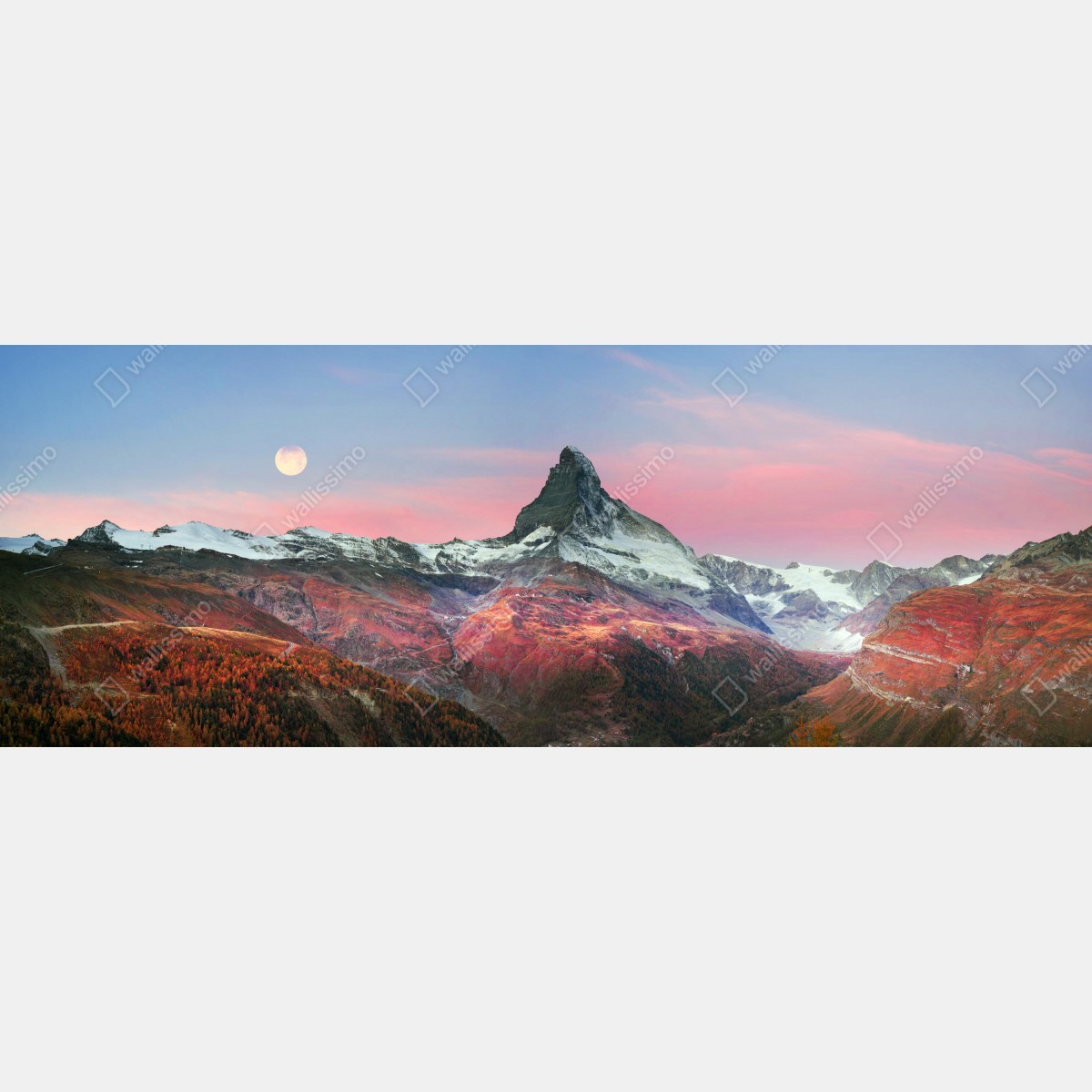Fototapeta jesienna panorama Matterhornu przy zachodzie słońca – Wallissimo® Fototapeta jesienna panorama Matterhornu przy zachodzie słońca – Wallissimo®