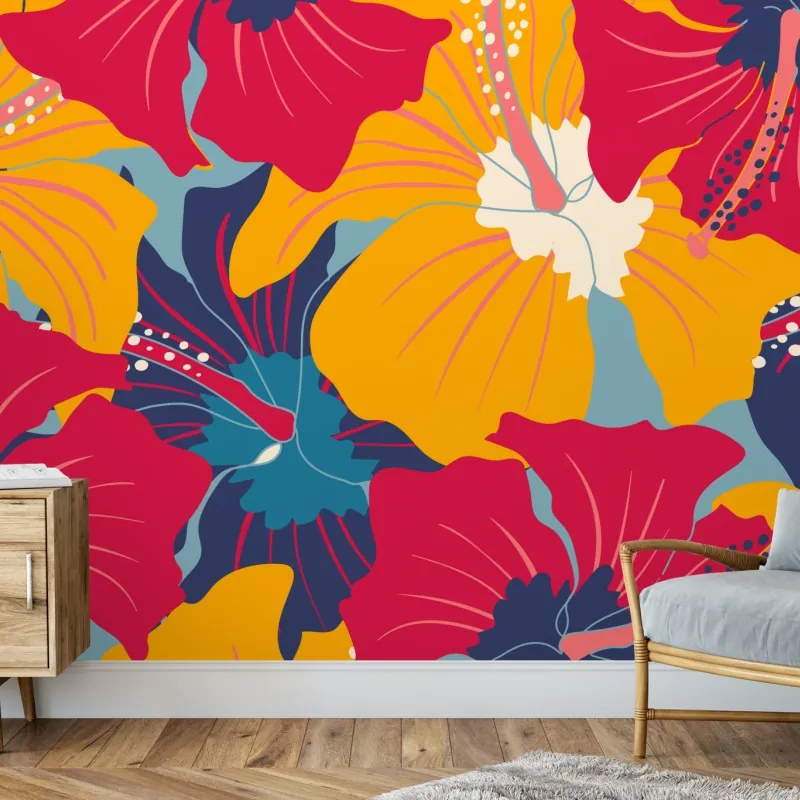 Wall mural vibrant hibiscus floral pattern