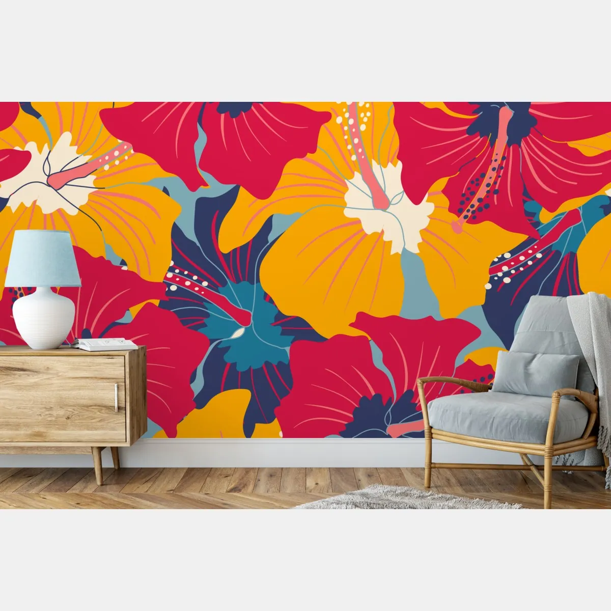 Fototapeta żywy wzór hibiskusa w stylu retro – Wallissimo® Fototapeta żywy wzór hibiskusa w stylu retro – Wallissimo®